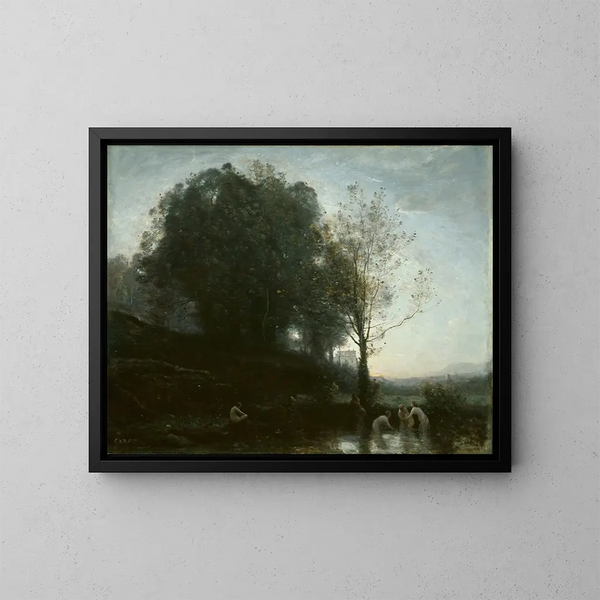 Nimfa i dziecko podczas kąpieli - Jean-Baptiste-Camille Corot — oprawiony obraz na ścianie