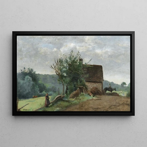 Podwórko na farmie z jeźdźcem i małą dziewczynką na pierwszym planie - Jean-Baptiste-Camille Corot — oprawiony obraz na ścianie