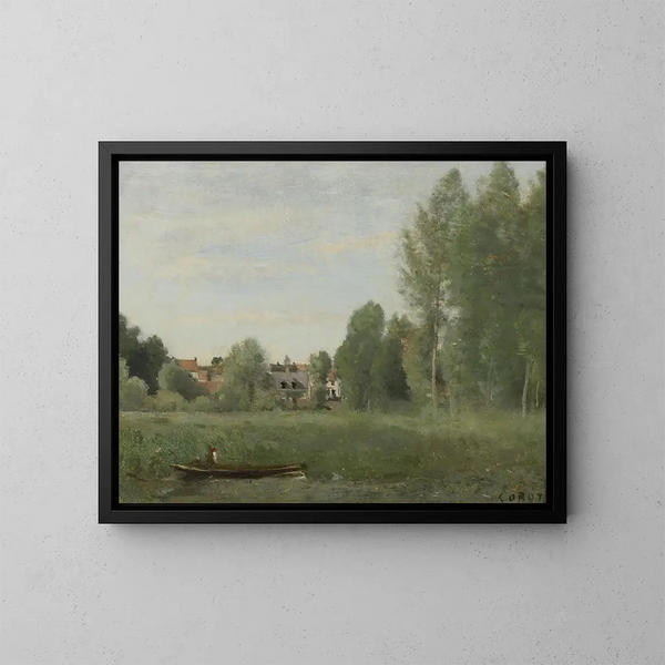Otoczenie Mantes, małe domki ukryte w drzewach przy brzegu wody - Jean-Baptiste-Camille Corot — oprawiony obraz na ścianie