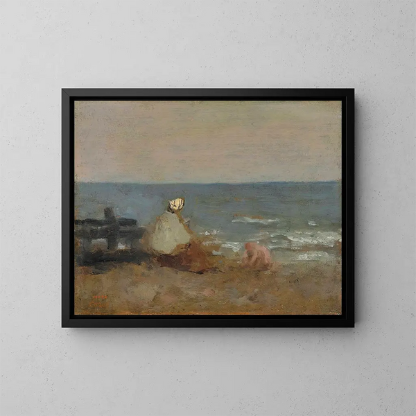 Kobieta i dziecko nad morzem w Étretat - Jean-Baptiste-Camille Corot — oprawiony obraz na ścianie