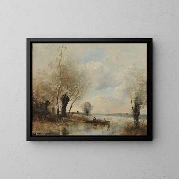 Łowienie ryb na łódce w pobliżu wierzb - Jean-Baptiste-Camille Corot — oprawiony obraz na ścianie