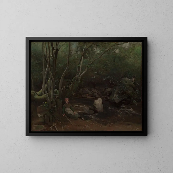 Dziewczyna koza siedząca obok strumienia w lesie - Jean-Baptiste-Camille Corot — oprawiony obraz na ścianie