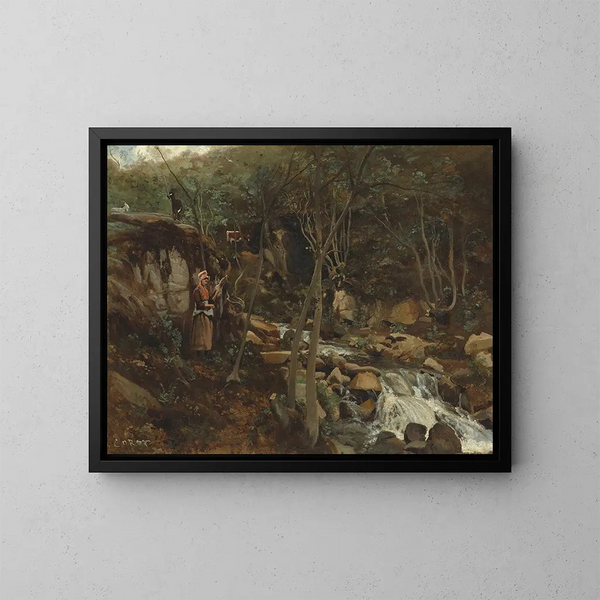 Strumień z stojącą kozą płynącą - Jean-Baptiste-Camille Corot — oprawiony obraz na ścianie