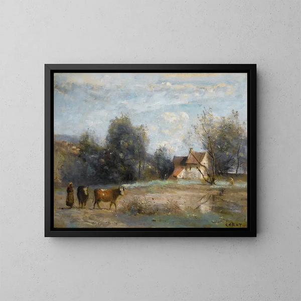Luzancy, małe domy chłopskie nad brzegiem wody - Jean-Baptiste-Camille Corot — oprawiony obraz na ścianie