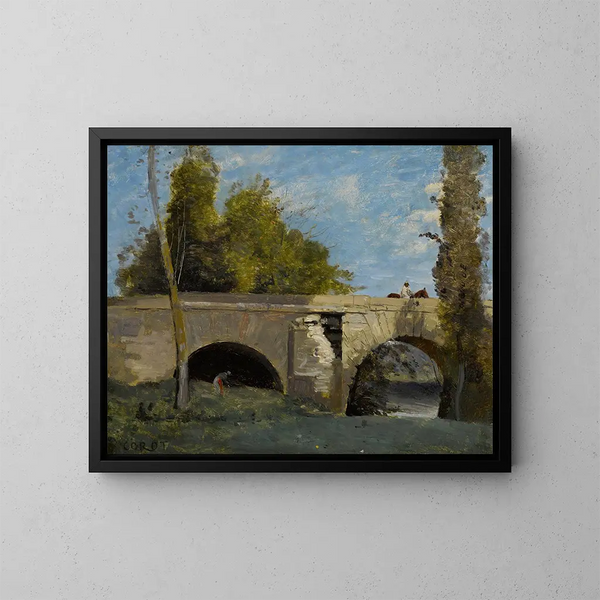 Mantes, dwie łuki mostu z jeźdźcem - Jean-Baptiste-Camille Corot — oprawiony obraz na ścianie