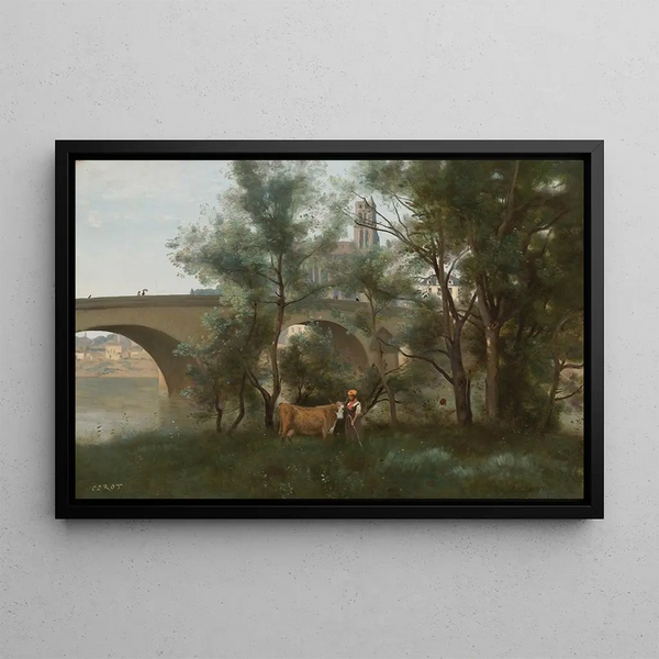 Mantes Brzegi Sekwany u podnóża mostu - Jean-Baptiste-Camille Corot — oprawiony obraz na ścianie
