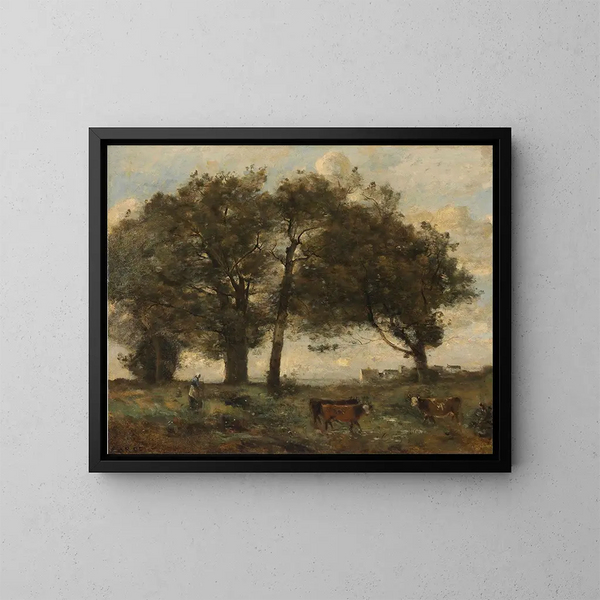 Marécages boisés avec trois vaches - Jean-Baptiste-Camille Corot — oprawiony obraz na ścianie
