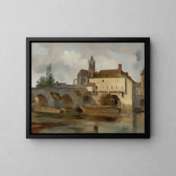 Moret-sur-Loing, most i kościół - Jean-Baptiste-Camille Corot — oprawiony obraz na ścianie