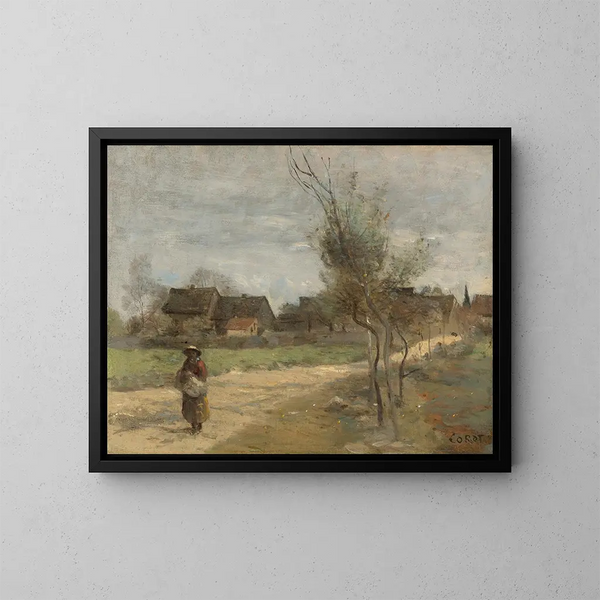 wiejski na drodze z widokiem na wioskę - Jean-Baptiste-Camille Corot — oprawiony obraz na ścianie
