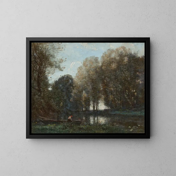 Rybak cumujący na zielonym brzegu - Jean-Baptiste-Camille Corot — oprawiony obraz na ścianie