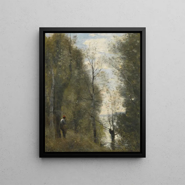 Prerie zalane wodą widziany przez liście - Jean-Baptiste-Camille Corot — oprawiony obraz na ścianie
