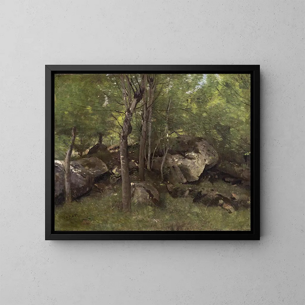 Skały w lesie Fontainebleau - Jean-Baptiste-Camille Corot — oprawiony obraz na ścianie