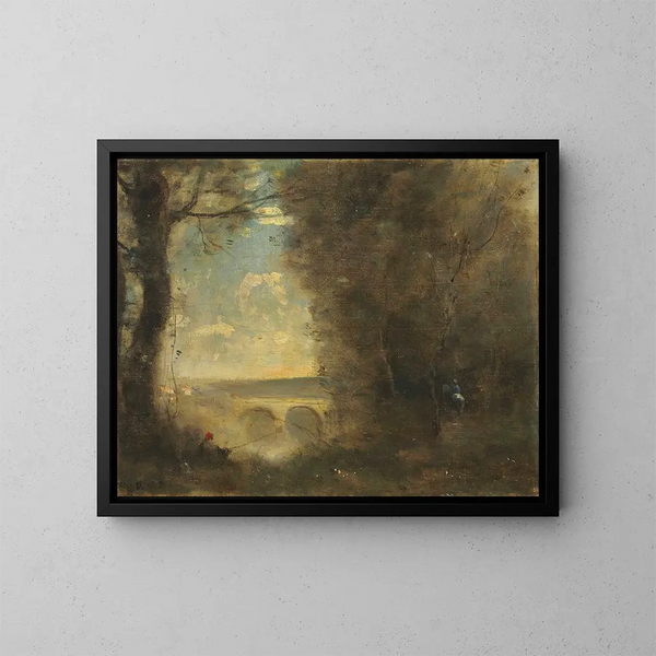 Ryback na wędkę, pamiątka z mostu w Mantes - Jean-Baptiste-Camille Corot — oprawiony obraz na ścianie