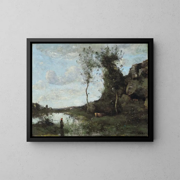 Wieśniaczka i jej krowa, staw z widokiem na wioskę - Jean-Baptiste-Camille Corot — oprawiony obraz na ścianie