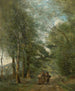 Miejskie miasto d'Avray chłopi rozmawiający na drodze wzdłuż stawu - Jean-Baptiste-Camille Corot — widok dzieła
