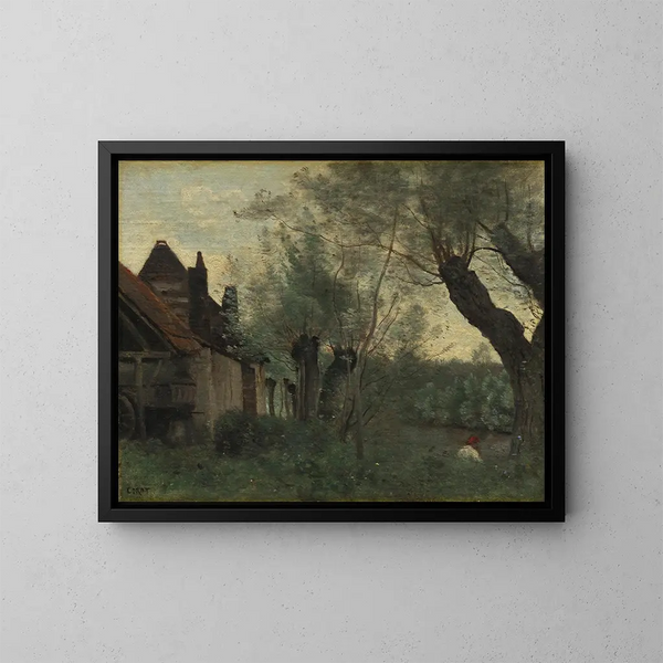 Słoneczniki i farma w Sainte-Catherine-les-Arras - Jean-Baptiste-Camille Corot — oprawiony obraz na ścianie