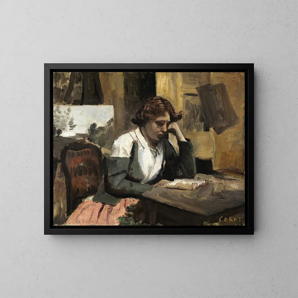 Kobieta czytająca w pracowni - Jean-Baptiste-Camille Corot — oprawiony obraz na ścianie
