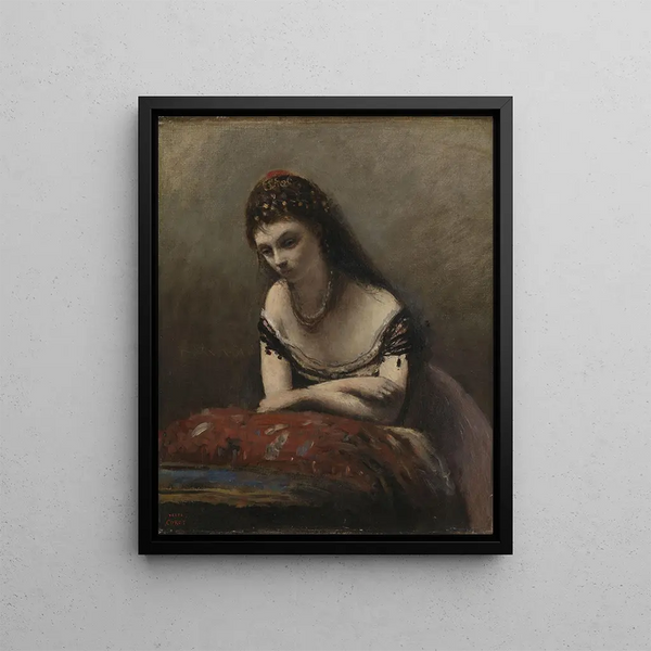 Młoda kobieta oparta na poduszce - Jean-Baptiste-Camille Corot — oprawiony obraz na ścianie