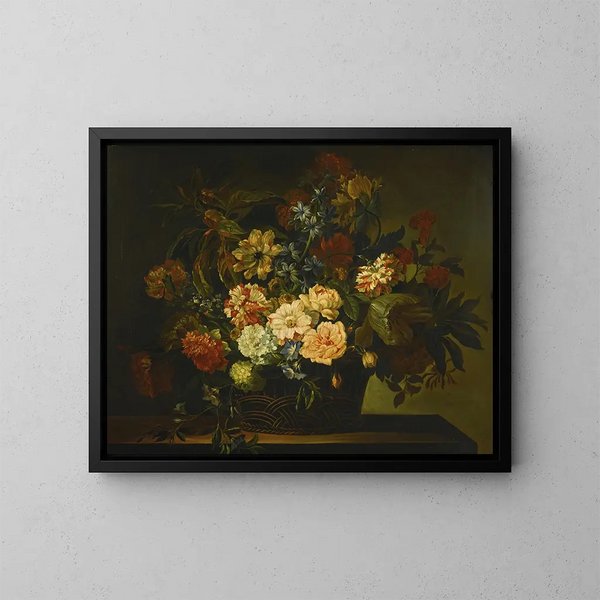 Dahlias, tulipany, wiciokrzew i inne kwiaty w koszu na stole - Jean-Baptiste Monnoyer — oprawiony obraz na ścianie