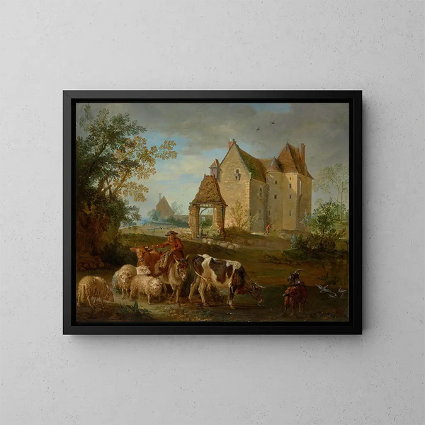 Pejzaż z pasterzem prowadzącym zwierzęta na pastwisko, z zamkiem w oddali - Jean-Baptiste Oudry — oprawiony obraz na ścianie