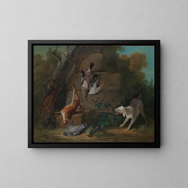 Pies pilnujący upolowaną zwierzynę - Jean-Baptiste Oudry — oprawiony obraz na ścianie