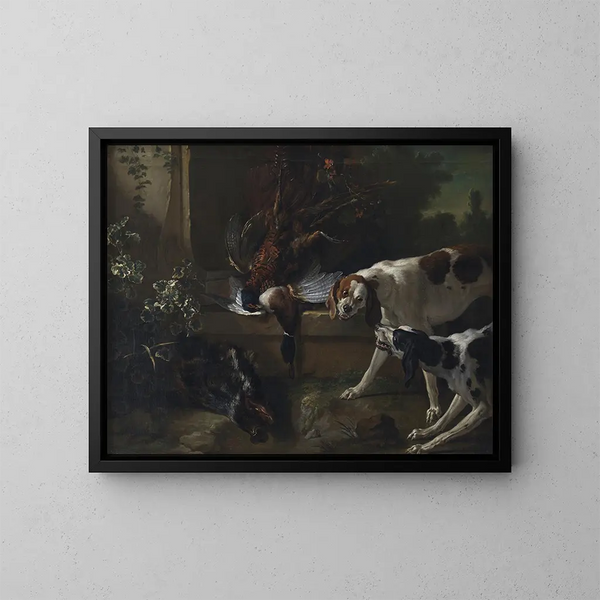 Psów z zwierzyną i dzikimi ptakami - Jean-Baptiste Oudry — oprawiony obraz na ścianie