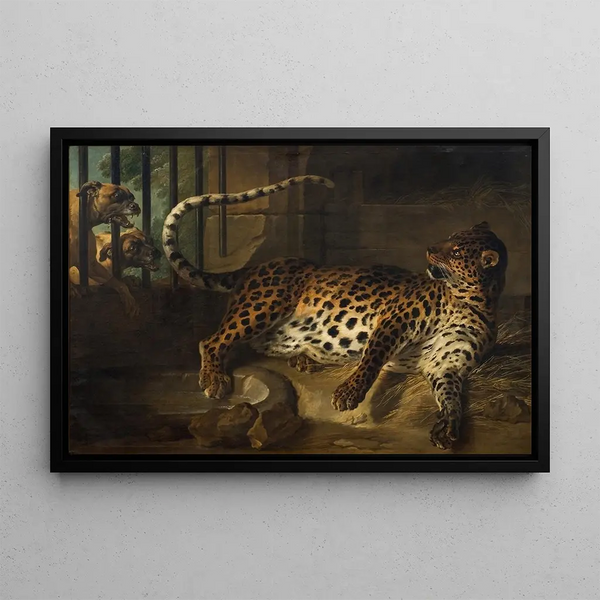 Lew w klatce skonfrontowany z dwoma mâtins - Jean-Baptiste Oudry — oprawiony obraz na ścianie
