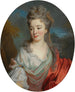 Portret damy w półpostaci z białą koszulą i czerwoną paskiem, krajobraz w tle - Jean-Baptiste Oudry — widok dzieła