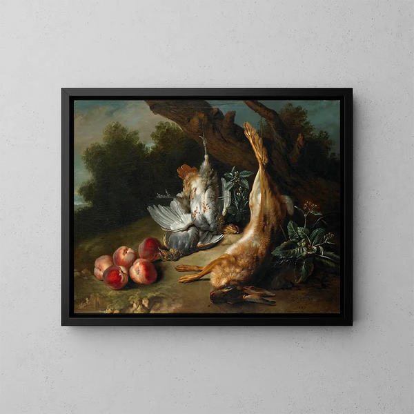 Martwa natura z martwą zwierzyną i brzoskwiniami na pejzażu - Jean-Baptiste Oudry — oprawiony obraz na ścianie