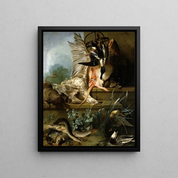 Martwa natura z spanielkiem polującym na kaczki - Jean-Baptiste Oudry — oprawiony obraz na ścianie