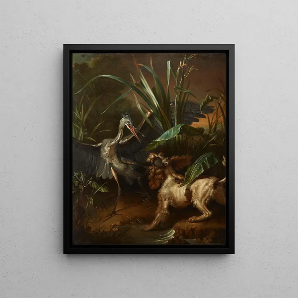 Epagneul d'eau face à un héron - Jean-Baptiste Oudry — oprawiony obraz na ścianie