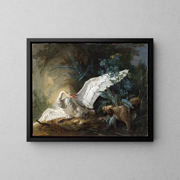 Surprising water spaniel catching a swan on its nest - Jean-Baptiste Oudry — oprawiony obraz na ścianie