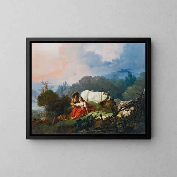 pejzażu wiejskiego z pasterzem i pasterką odpoczywającymi - Jean-Honoré Fragonard — oprawiony obraz na ścianie