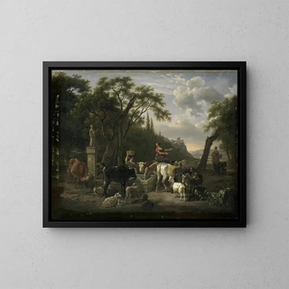 JeanLouis Demarne - Italian Landscape with Shepherds and Animals at a Fountain.webp