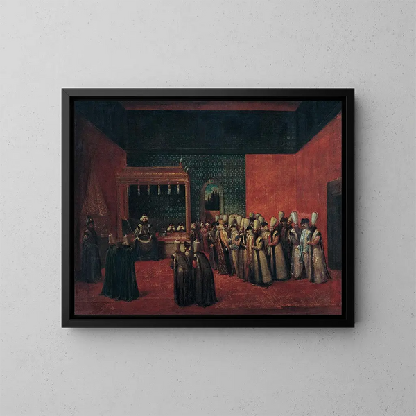 Sultan Ahmed III przyjmujący ambasadora europejskiego - Jean-Baptiste Vanmour — oprawiony obraz na ścianie