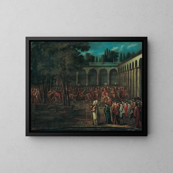 La délégation ambassadrice traversant le deuxième cour de palais de Topkapi - Jean-Baptiste Vanmour — oprawiony obraz na ścianie
