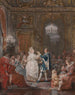 Uroczystość w wnętrzu Ludwika XVI oświetlonym przez świecznik i latarnię z tańczącą parą w menuet - Jean Démosthène Dugourc — widok dzieła