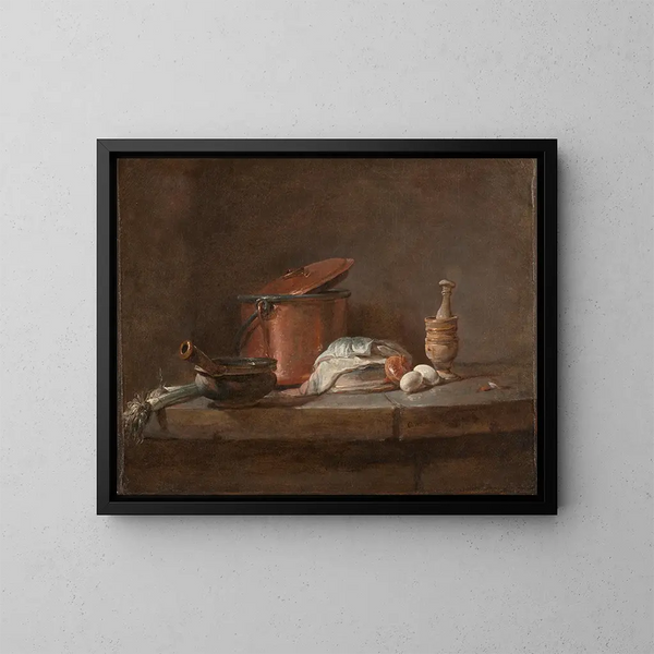 Narzędzia kuchenne z porami, rybami i jajkami - Jean Siméon Chardin — oprawiony obraz na ścianie