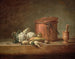 Misa z miedzi, kalafiorów i młynka z tłuczkiem na gzymsie - Jean Siméon Chardin — widok dzieła