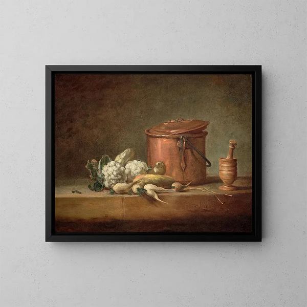Misa z miedzi, kalafiorów i młynka z tłuczkiem na gzymsie - Jean Siméon Chardin — oprawiony obraz na ścianie