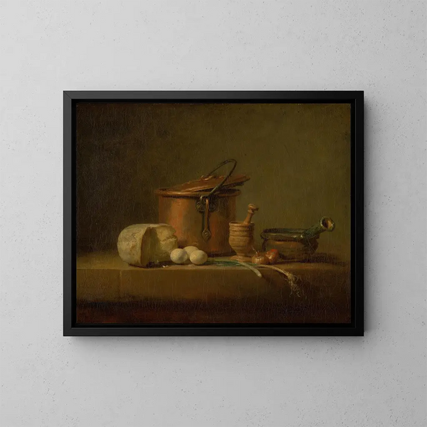 Martwa natura z miednicą miedzianą, serem i jajkami - Jean Siméon Chardin — oprawiony obraz na ścianie