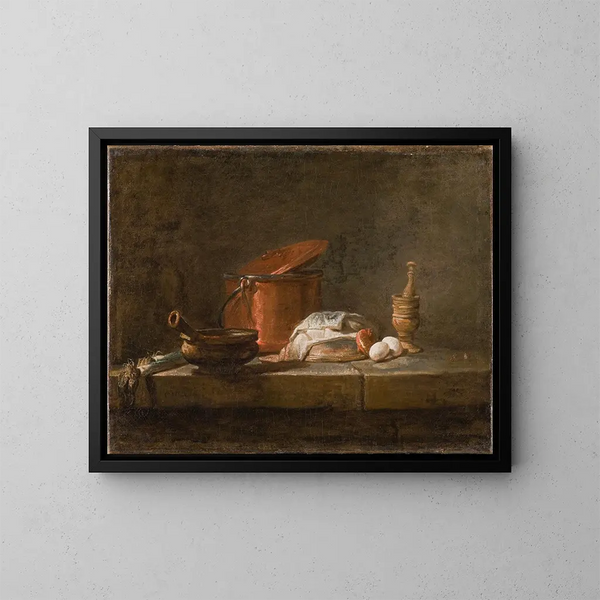 Martwa natura z przyborami kuchennymi i warzywami - Jean Siméon Chardin — oprawiony obraz na ścianie