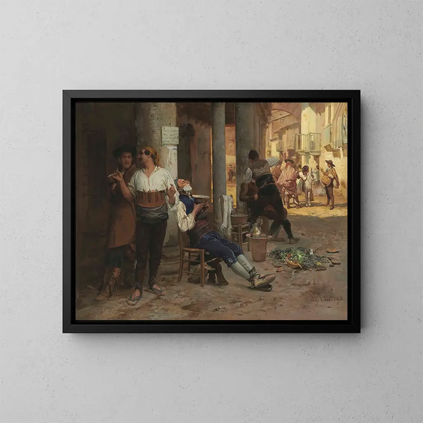Barbier ambulant en Espagne - Jehan Georges Vibert — oprawiony obraz na ścianie