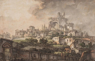 Jens Petersen Lund - Romersk prospekt med mur i forgrunden kirke og ruin i baggrunden.webp