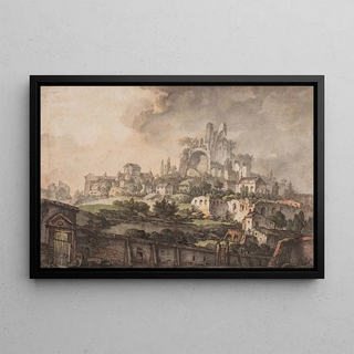 Jens Petersen Lund - Romersk prospekt med mur i forgrunden kirke og ruin i baggrunden.webp