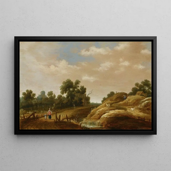 Joachim Govertsz Camphuysen - A Dune Landscape With A Peasant Woman And Child On A Path Farm Houses Beyond.webp