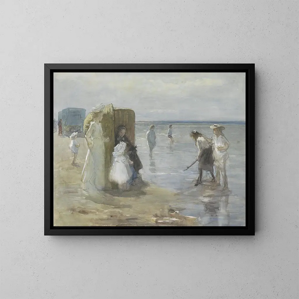 Widok wzdłuż linii pływów na plaży Scheveningen z dwiema paniami i dziećmi - Johan Antonie de Jonge — oprawiony obraz na ścianie