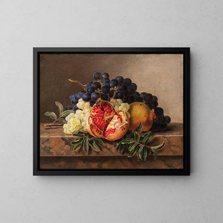 Johan Laurentz Jensen - Pomegranates and green and blue grapes on a marble frame.webp
