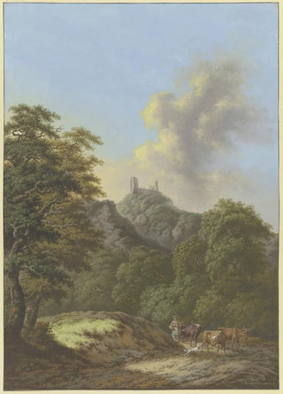 Johann Albrecht Friedrich Rauscher - Waldtal mit Blick auf eine Burgruine im Vordergrund eine Hirtin mit drei Rindern und einem Hund.webp