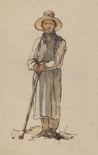 Johann Baptist Kirner - Bauer mit breitrandigem Hut sich auf eine Hacke sttzend.webp